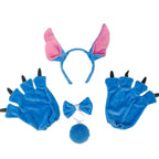 Blue and pink costume set with ears, gloves, and bow on a white background