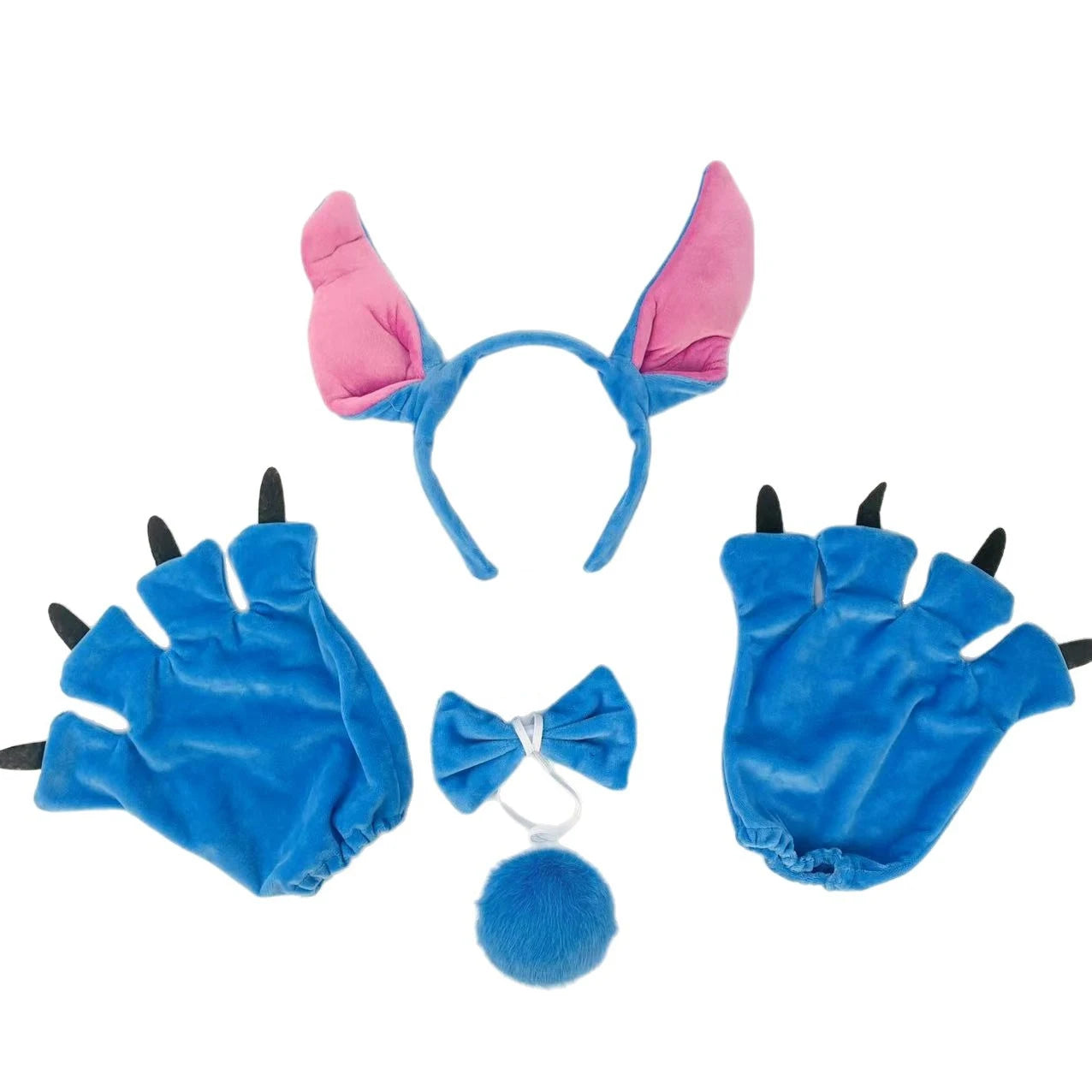 Blue and pink costume set with ears, gloves, and bow on a white background