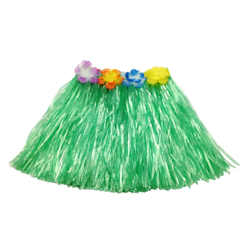 Green grass skirt with colorful flowers on a white background