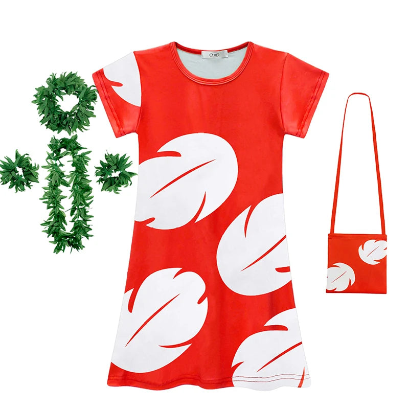 Red dress with white leaf pattern, green wreath, and matching handbag on a white background