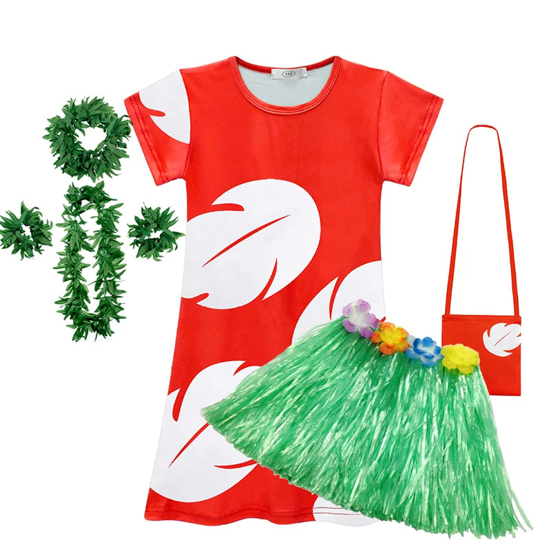 Red dress with white floral patterns, green grass skirt, and accessories on a white background