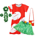 Red dress with white floral patterns, green grass skirt, and accessories on a white background