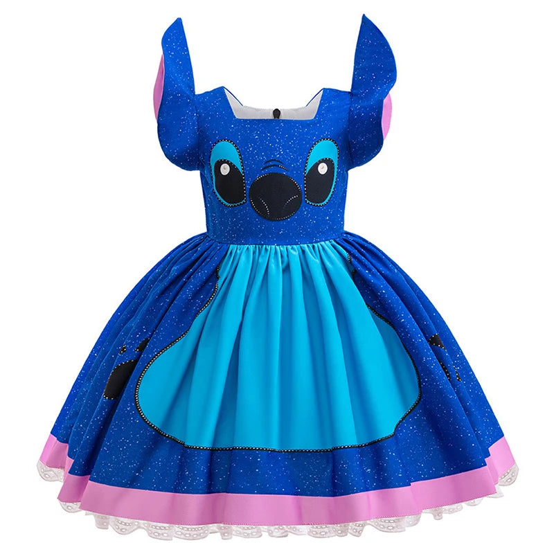 Blue dress with cartoon character design on a white background