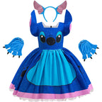 Blue dress with pink accents, gloves, and headband on a white background