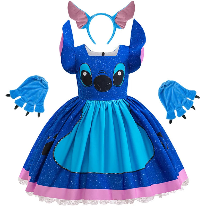 Blue dress with pink accents, gloves, and headband on a white background
