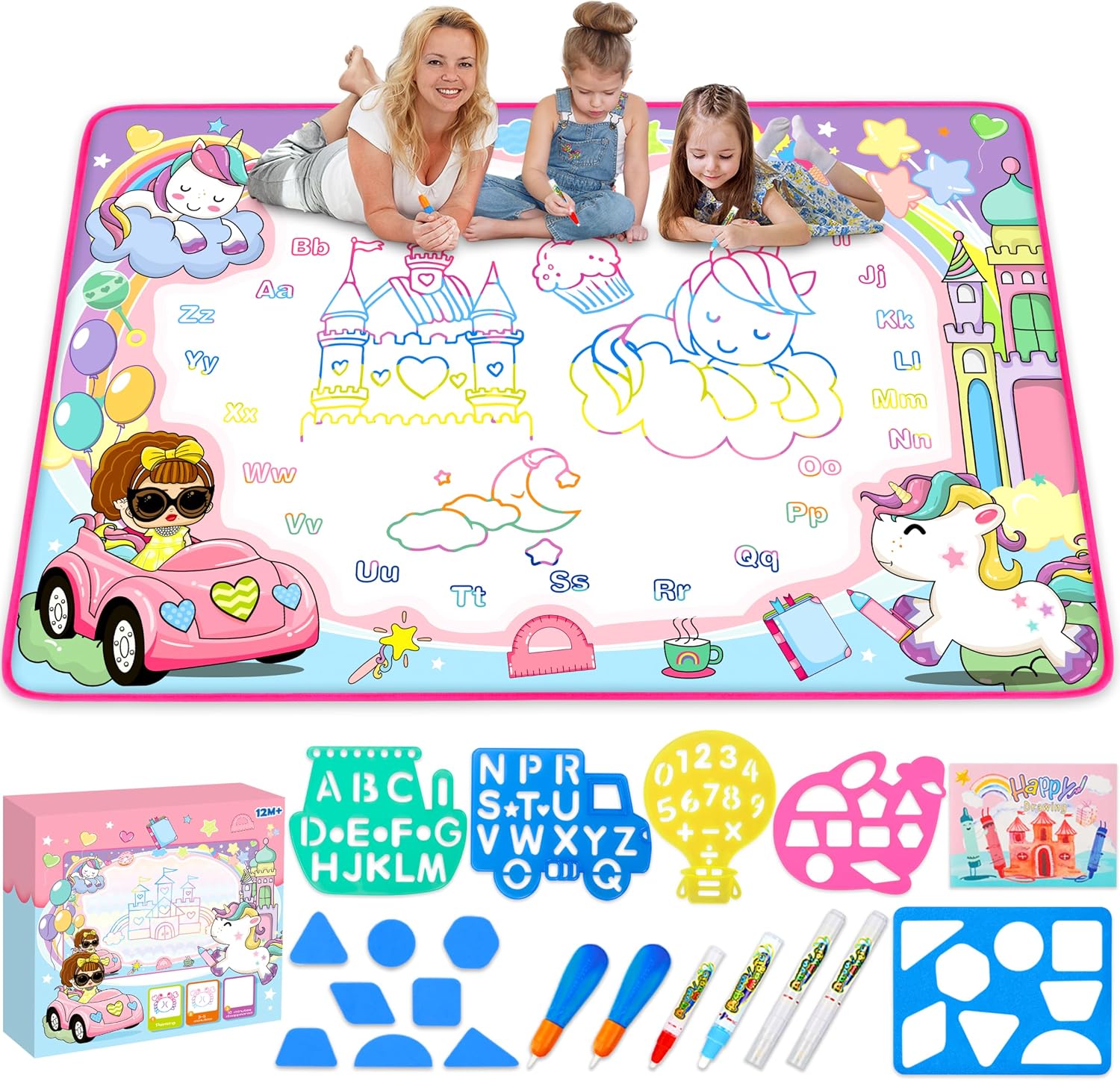 Water Doodle Mat - Kids Color Painting Toy, Gift Set for Toddlers 3-7 | Great Educational Water Doodle Mat - Toddler Painting Toy Gift with Fun Stencils, Magic Pens & Drawing Templates for Kids