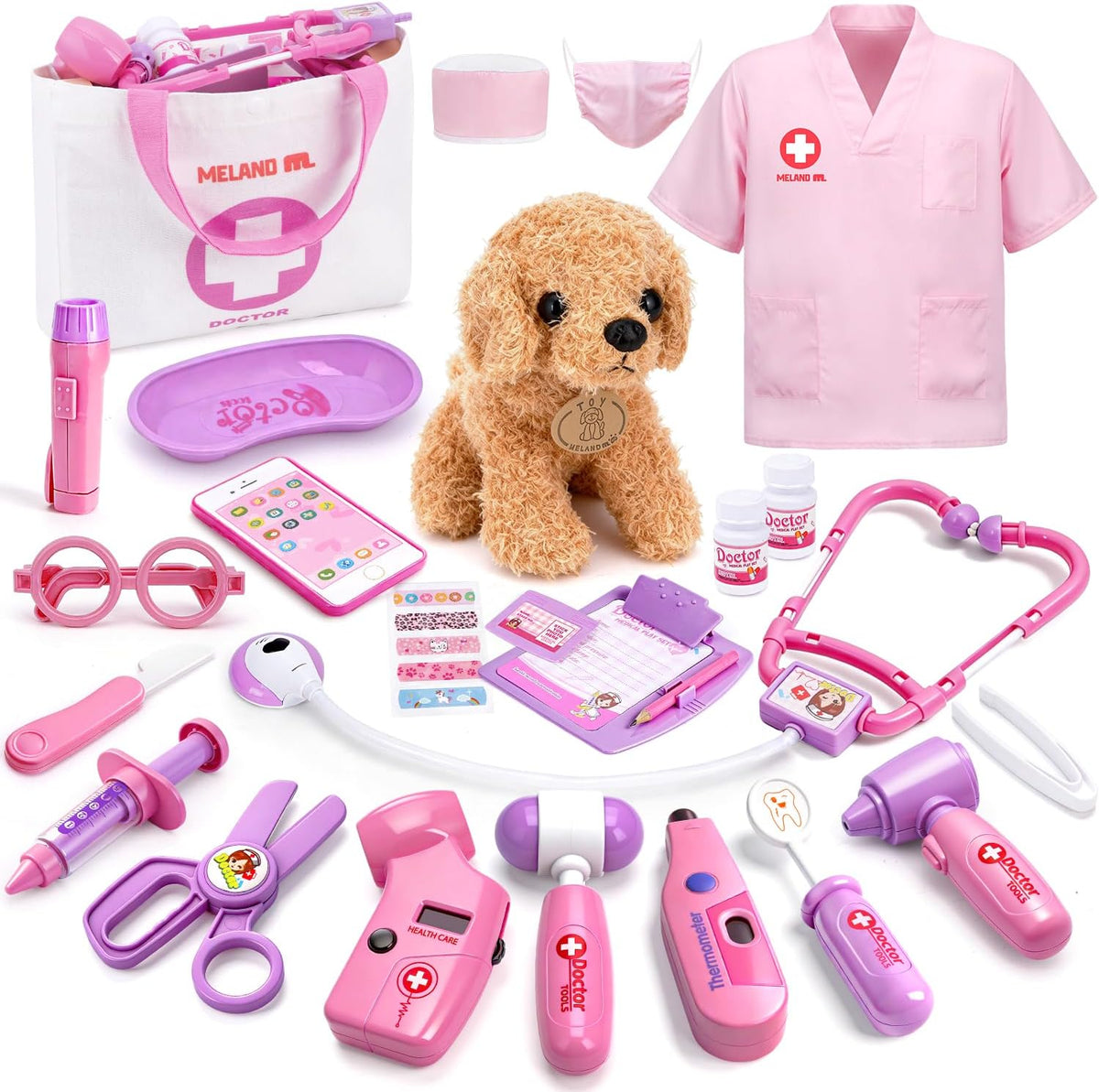 Meland Doctor Kit with Puppy for Kids, Pretend Play Toy Gift for Ages 3–6 | A gift for toddler girls birthday Christmas, Encourages caring role play, builds confidence, stays neatly organized