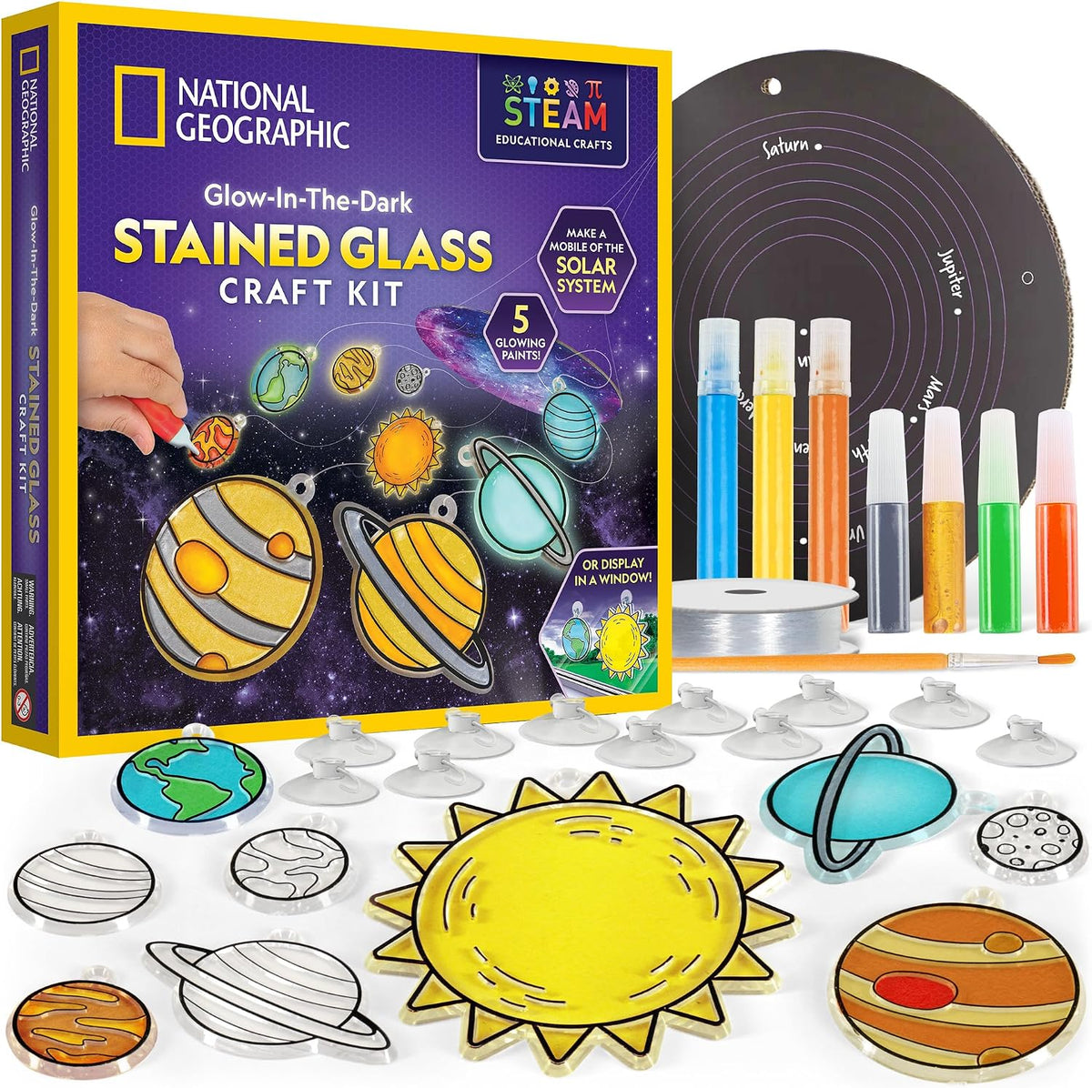 National Geographic Dinosaur Stained Glass Suncatcher Craft Kit for Kids | Glow-in-the-Dark Dinosaur Toy, Window Art, Paint Supplies, Kid Crafts Ages 4-8, Creative Activity, Birthday Gift