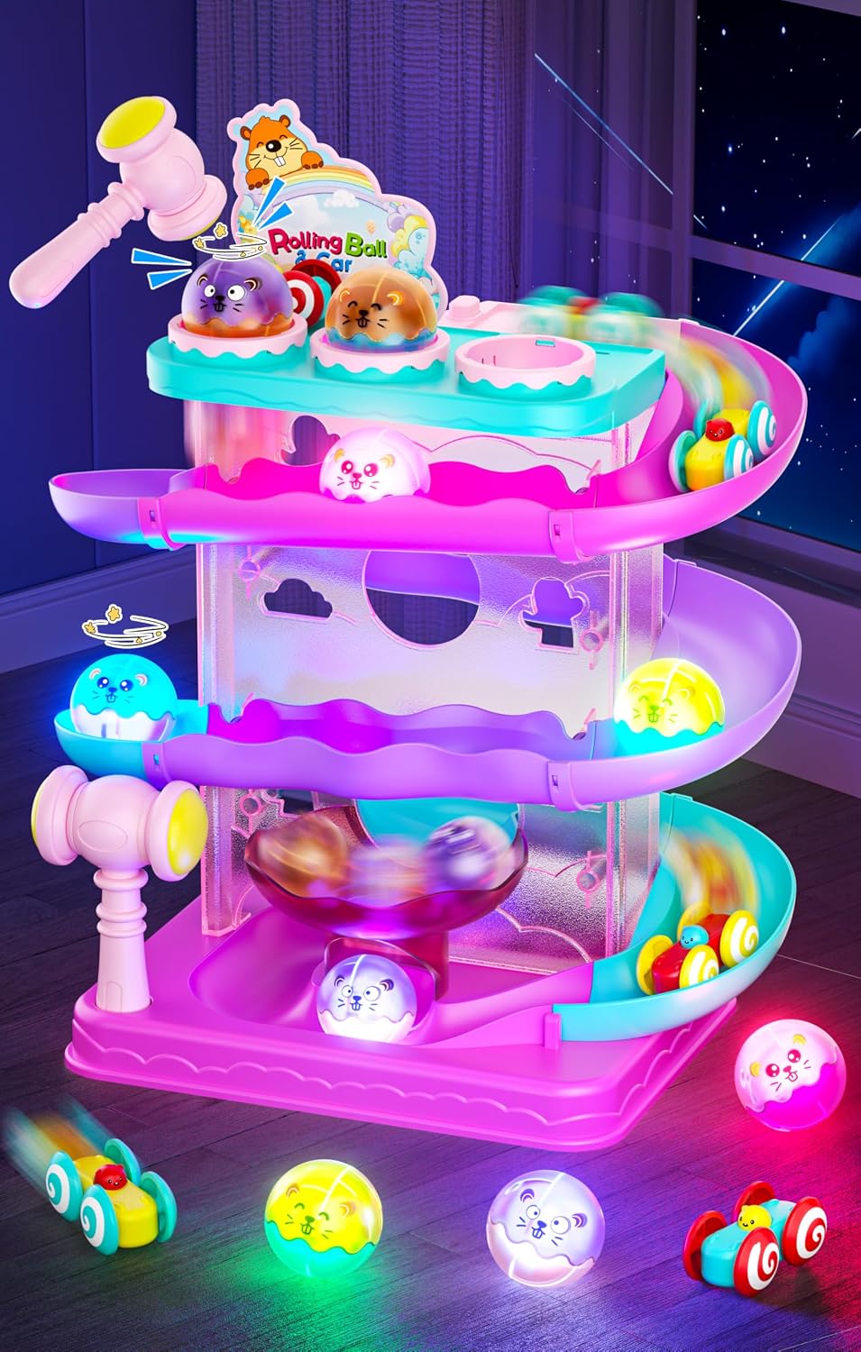 2-in-1 Ball Drop & Car Ramp Race Track Montessori Toy for Toddlers Ages 1-5 | Hammer Rolling Ball, Launch and Race Car-Cause and Effect Sensory STEM Learning Toys for 1-5 Year Old Boys & Girls