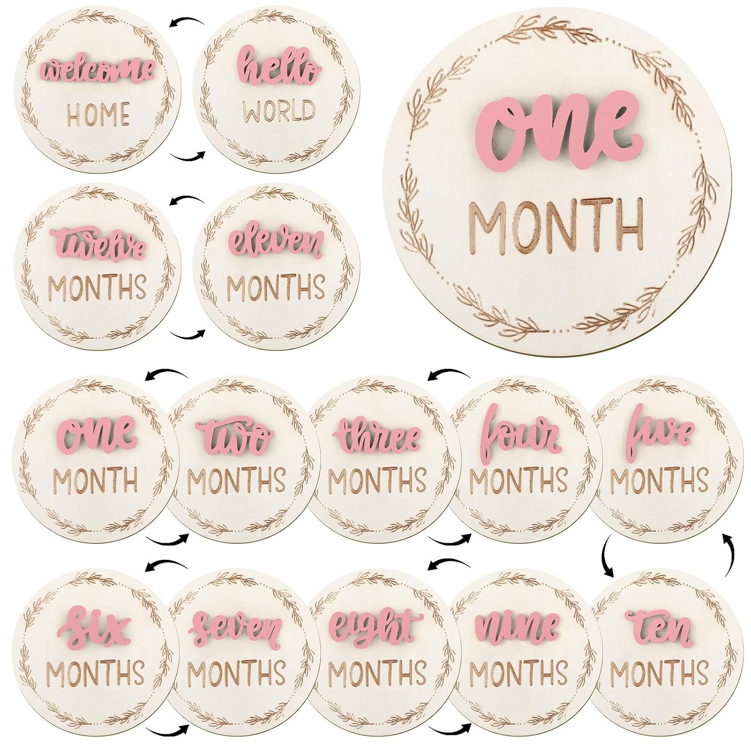 7 Pack Baby Monthly Milestone Signs, Double Sided Baby Milestone Signs Wooden Baby Announcement Sign for 1-12 Months Baby Milestone Pictures