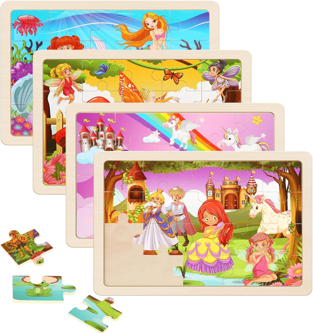 Wooden Educational Jigsaw Puzzles for Preschool Kids Ages 3-5, 4-Pack with 20 Pieces Dinosaur, Space, Transportation Wood Puzzles Set, Kids Brain Teaser Toys, Gifts for Boys Girls Ages 3 4 5 6