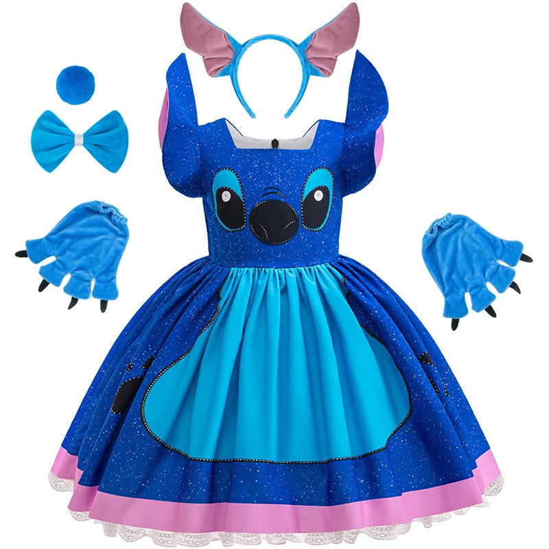 Stitch costume set with dress, headband, gloves, and shoes on a white background