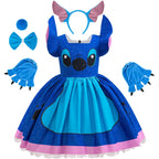 Stitch costume set with dress, headband, gloves, and shoes on a white background