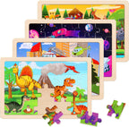 Wooden Educational Jigsaw Puzzles for Preschool Kids Ages 3-5, 4-Pack with 20 Pieces Dinosaur, Space, Transportation Wood Puzzles Set, Kids Brain Teaser Toys, Gifts for Boys Girls Ages 3 4 5 6