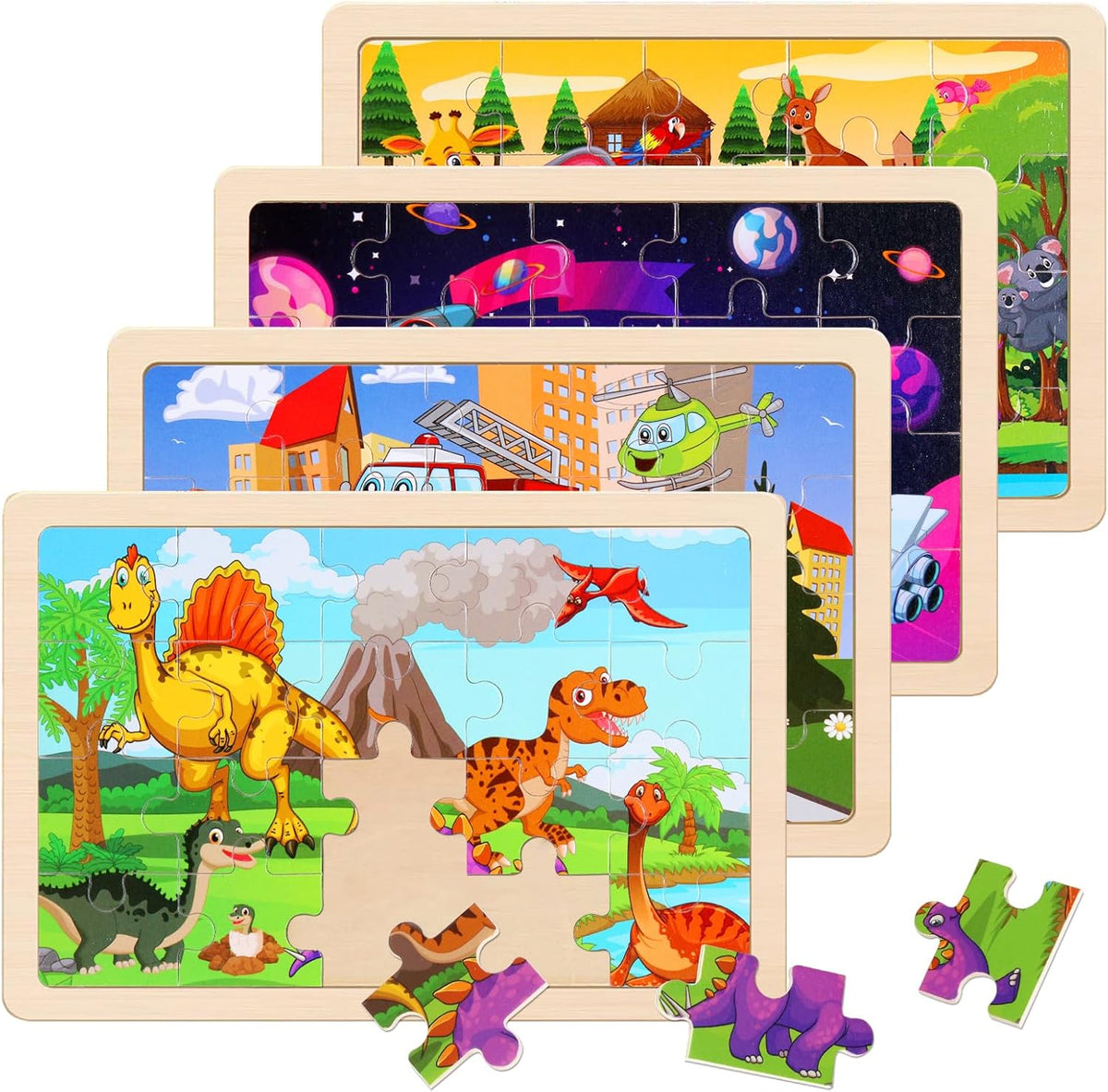 Wooden Educational Jigsaw Puzzles for Preschool Kids Ages 3-5, 4-Pack with 20 Pieces Dinosaur, Space, Transportation Wood Puzzles Set, Kids Brain Teaser Toys, Gifts for Boys Girls Ages 3 4 5 6