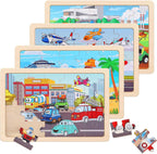 Wooden Educational Jigsaw Puzzles for Preschool Kids Ages 3-5, 4-Pack with 20 Pieces Dinosaur, Space, Transportation Wood Puzzles Set, Kids Brain Teaser Toys, Gifts for Boys Girls Ages 3 4 5 6