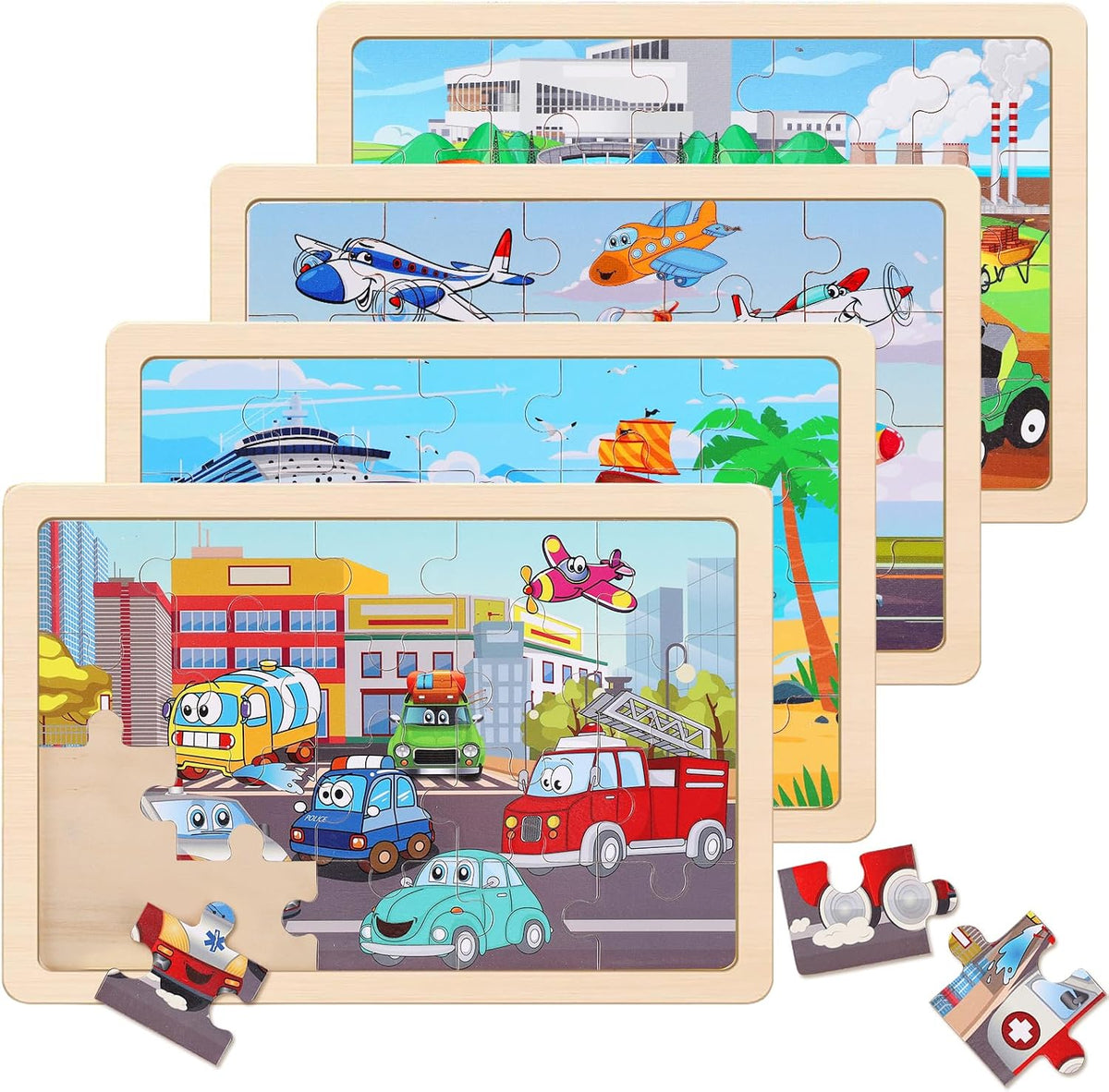 Wooden Educational Jigsaw Puzzles for Preschool Kids Ages 3-5, 4-Pack with 20 Pieces Dinosaur, Space, Transportation Wood Puzzles Set, Kids Brain Teaser Toys, Gifts for Boys Girls Ages 3 4 5 6