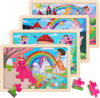 Wooden Educational Jigsaw Puzzles for Preschool Kids Ages 3-5, 4-Pack with 20 Pieces Dinosaur, Space, Transportation Wood Puzzles Set, Kids Brain Teaser Toys, Gifts for Boys Girls Ages 3 4 5 6