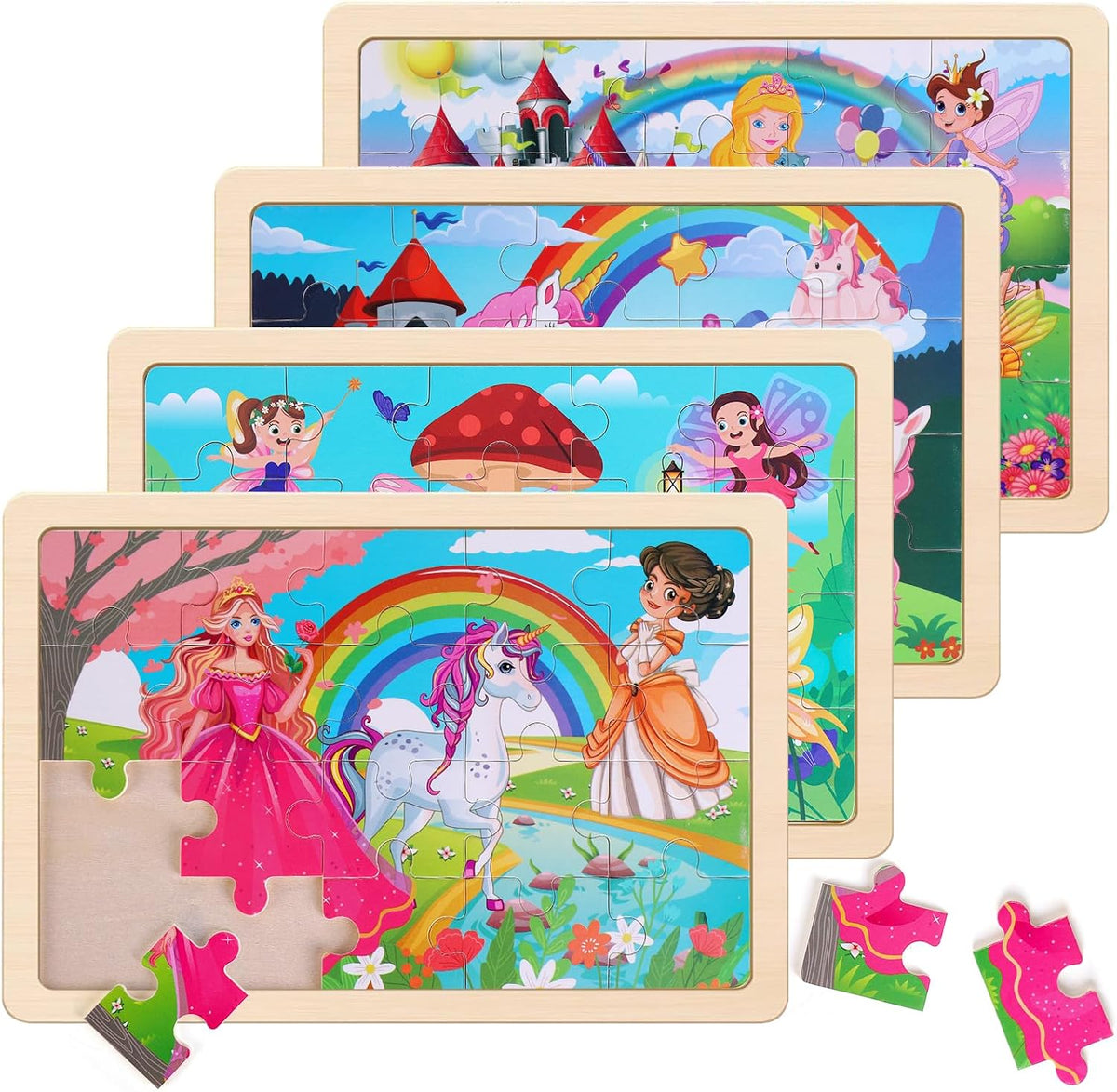 Wooden Educational Jigsaw Puzzles for Preschool Kids Ages 3-5, 4-Pack with 20 Pieces Dinosaur, Space, Transportation Wood Puzzles Set, Kids Brain Teaser Toys, Gifts for Boys Girls Ages 3 4 5 6
