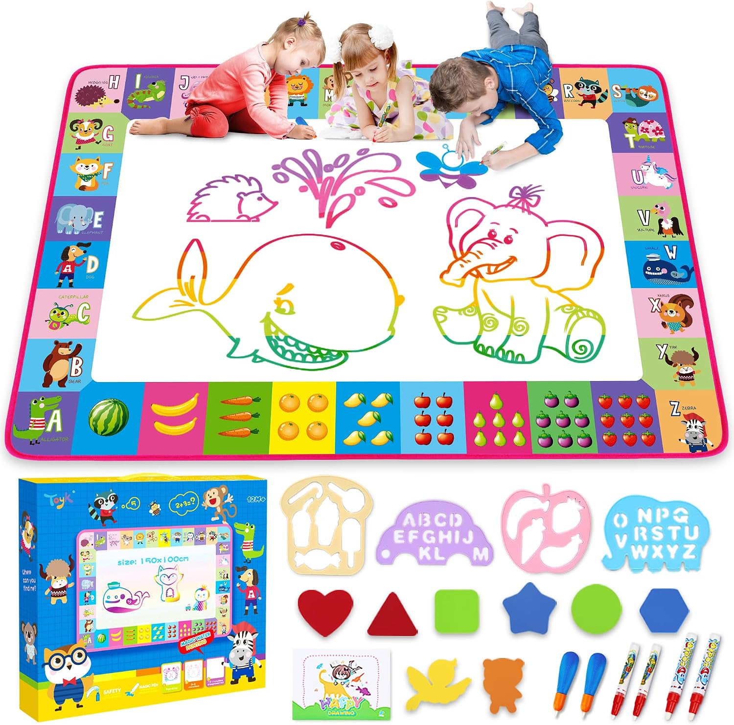 Water Doodle Mat - Kids Color Painting Toy, Gift Set for Toddlers 3-7 | Great Educational Water Doodle Mat - Toddler Painting Toy Gift with Fun Stencils, Magic Pens & Drawing Templates for Kids